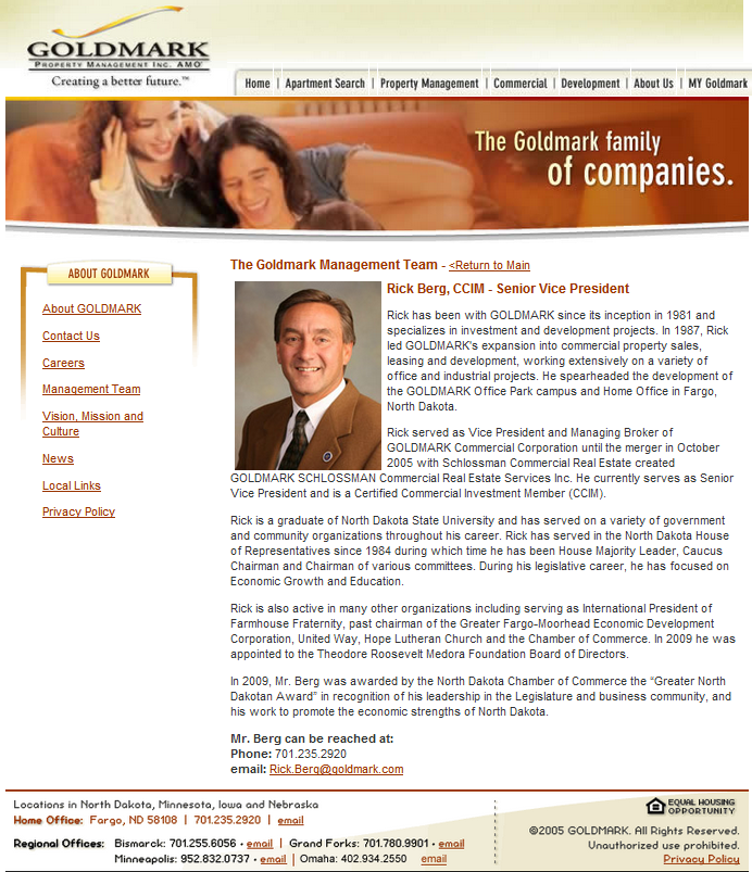 Rick Berg's Goldmark Property Management Profile, In August of 2012, Goldmark Property Management deleted Berg's personal biography on their website. In 1982, Berg helped found, was director and part shareholder of Goldmark Property Management.