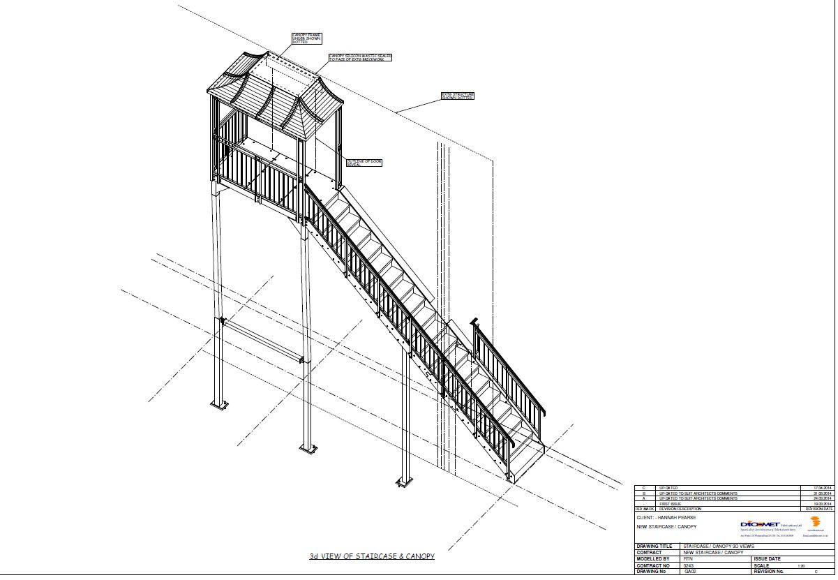 3D Staircase technical drawing with balustrade