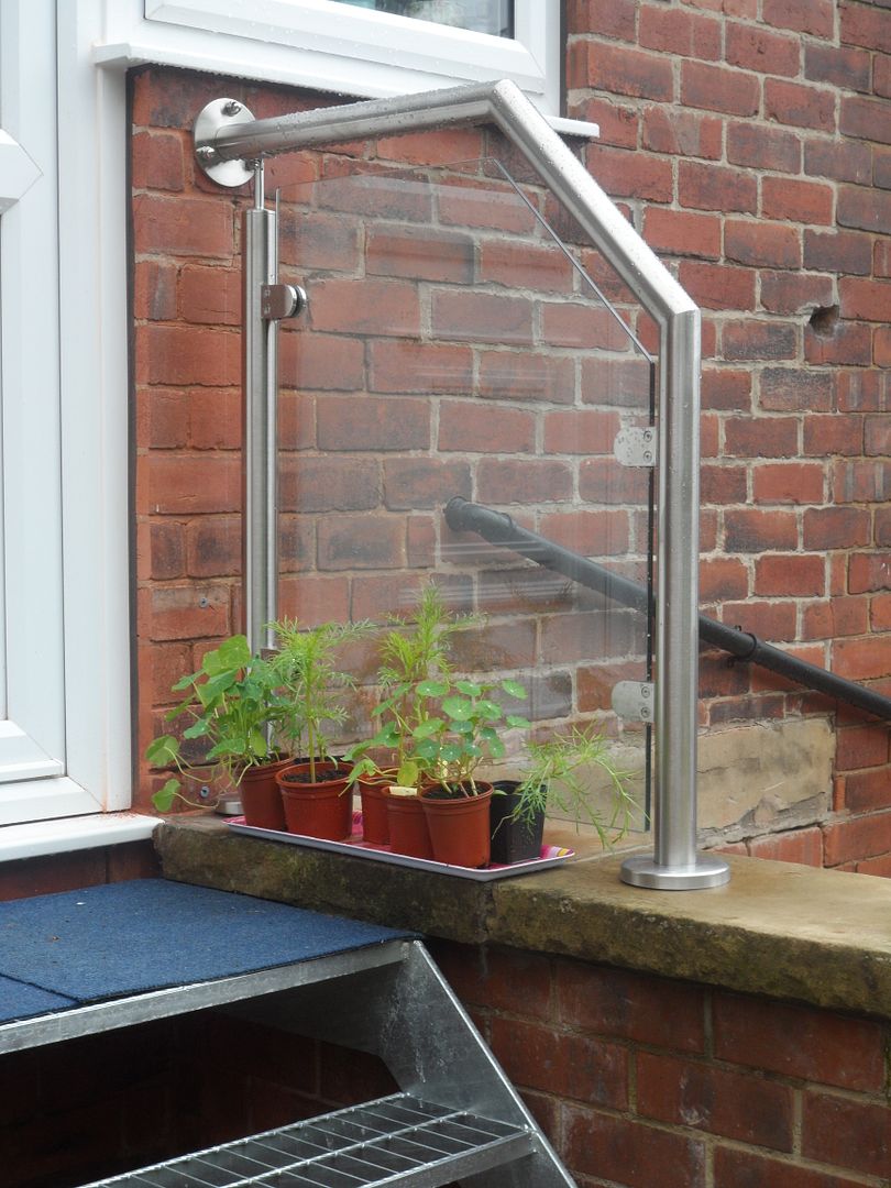 Glass balustrade to steps with handrail wall rose fittings