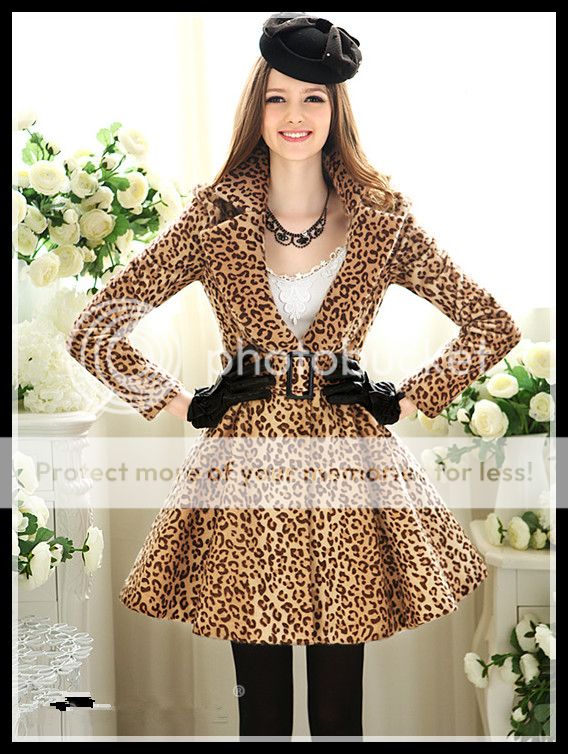 Fashion Women Slim Trench Leopard Coat Dress Jacket V Neck with Belt XS s M L