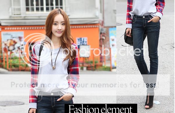 New Autumn Style Korean Round Neck Plaid Splice Loose Long Sleeve T