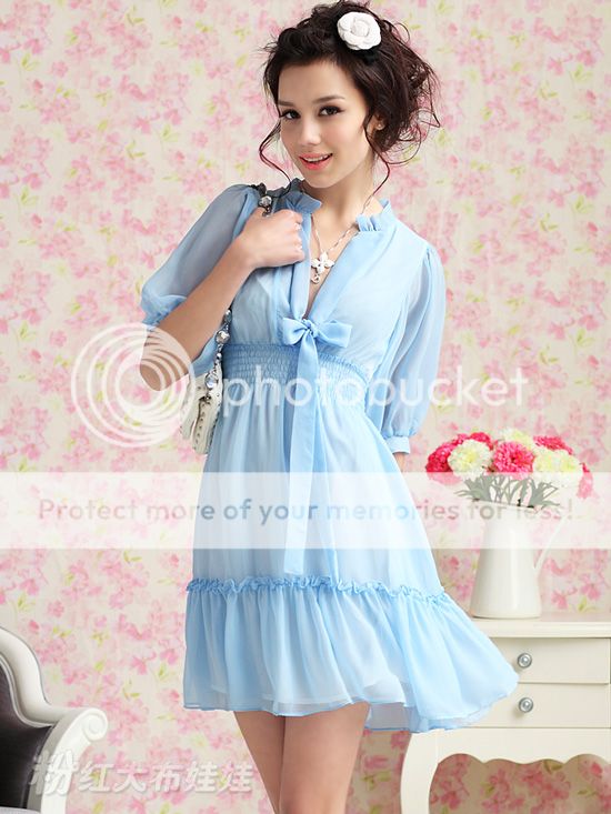Ladylike and Charming Puff Sleeves Solid Color Chiffon Dress For Women ...